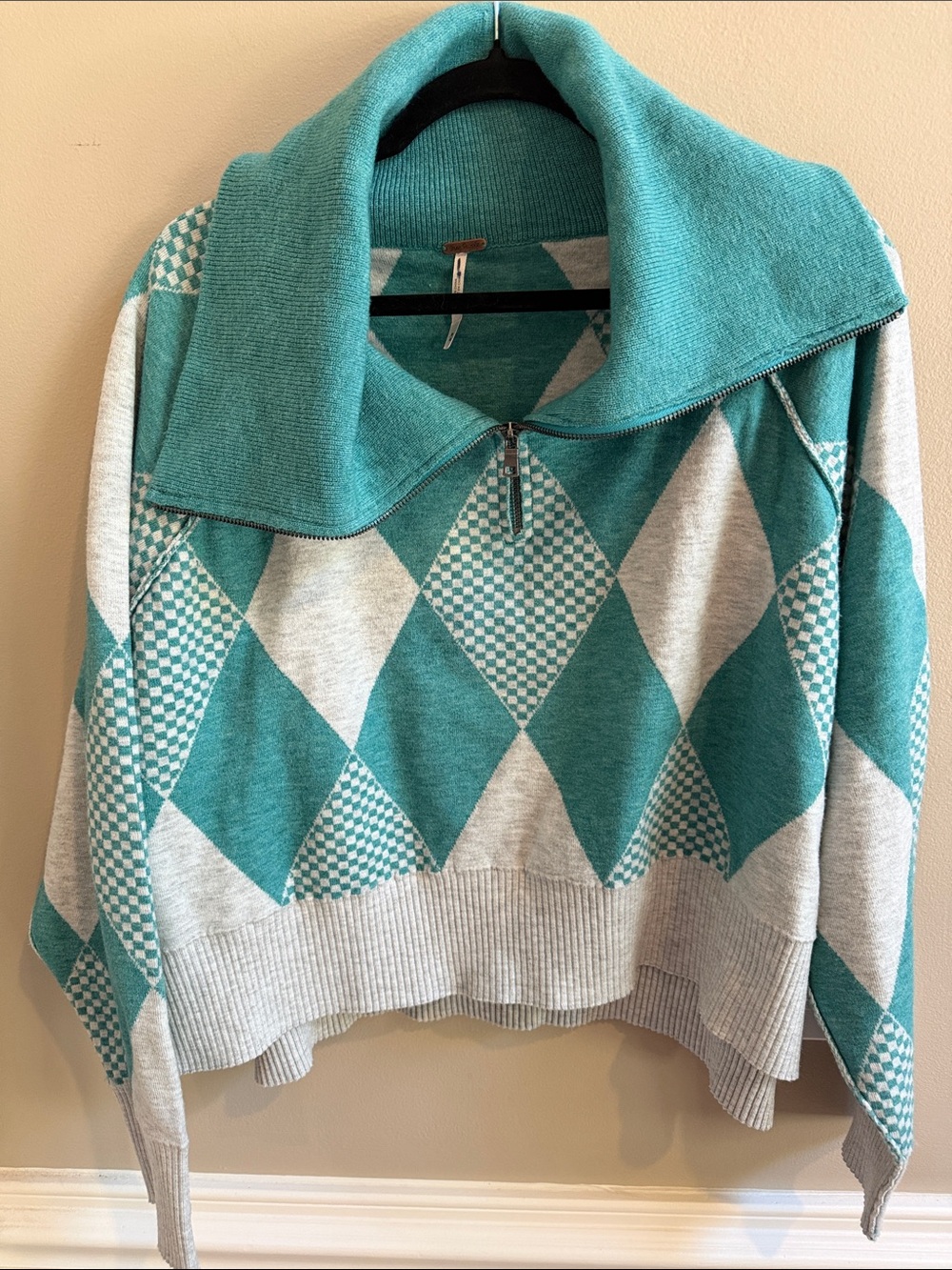 Free People Lucy Half Zip Pullover Sweater Maui Grey Argyle Medium